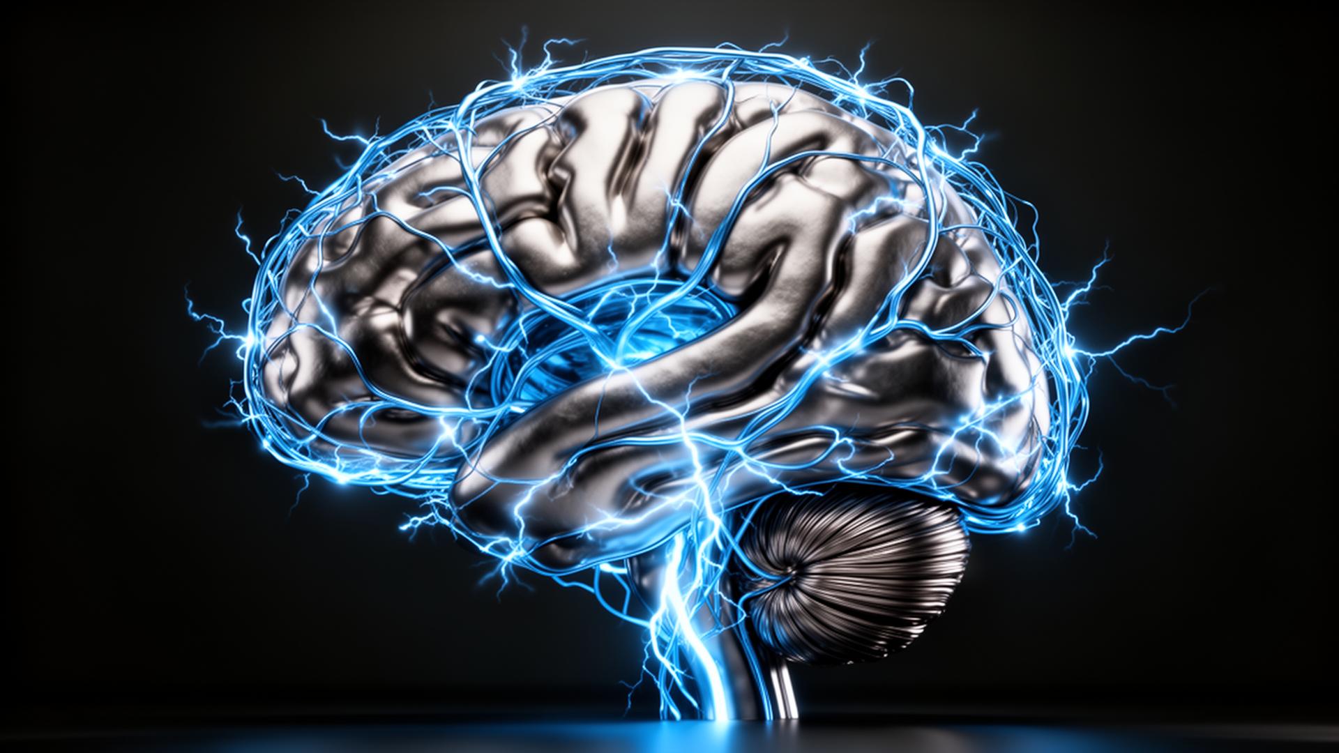 Anatomical brain illuminated by neural electrical pathways